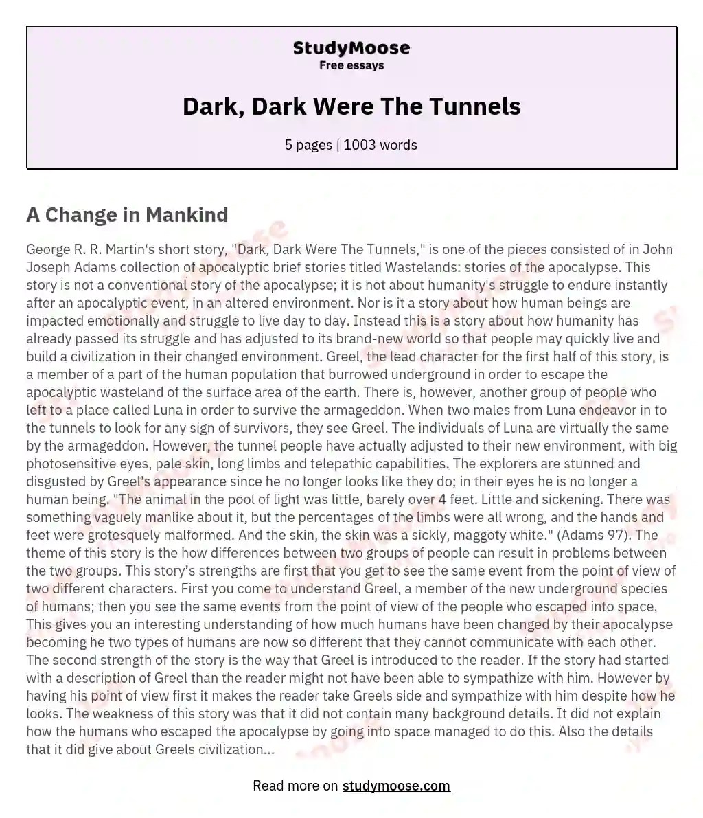 Dark, Dark Were The Tunnels Free Essay Example