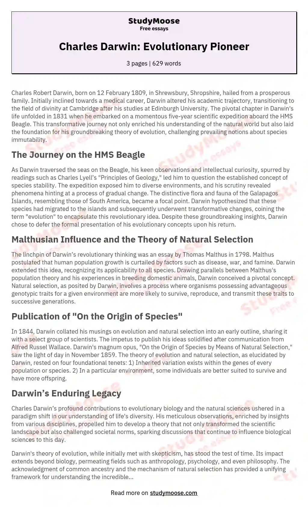 Darwin’s Theory of Evolution & Natural Selection Free Essay Example
