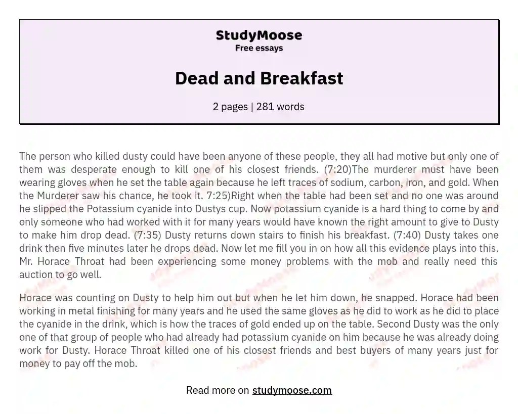 Dead and Breakfast Free Essay Example