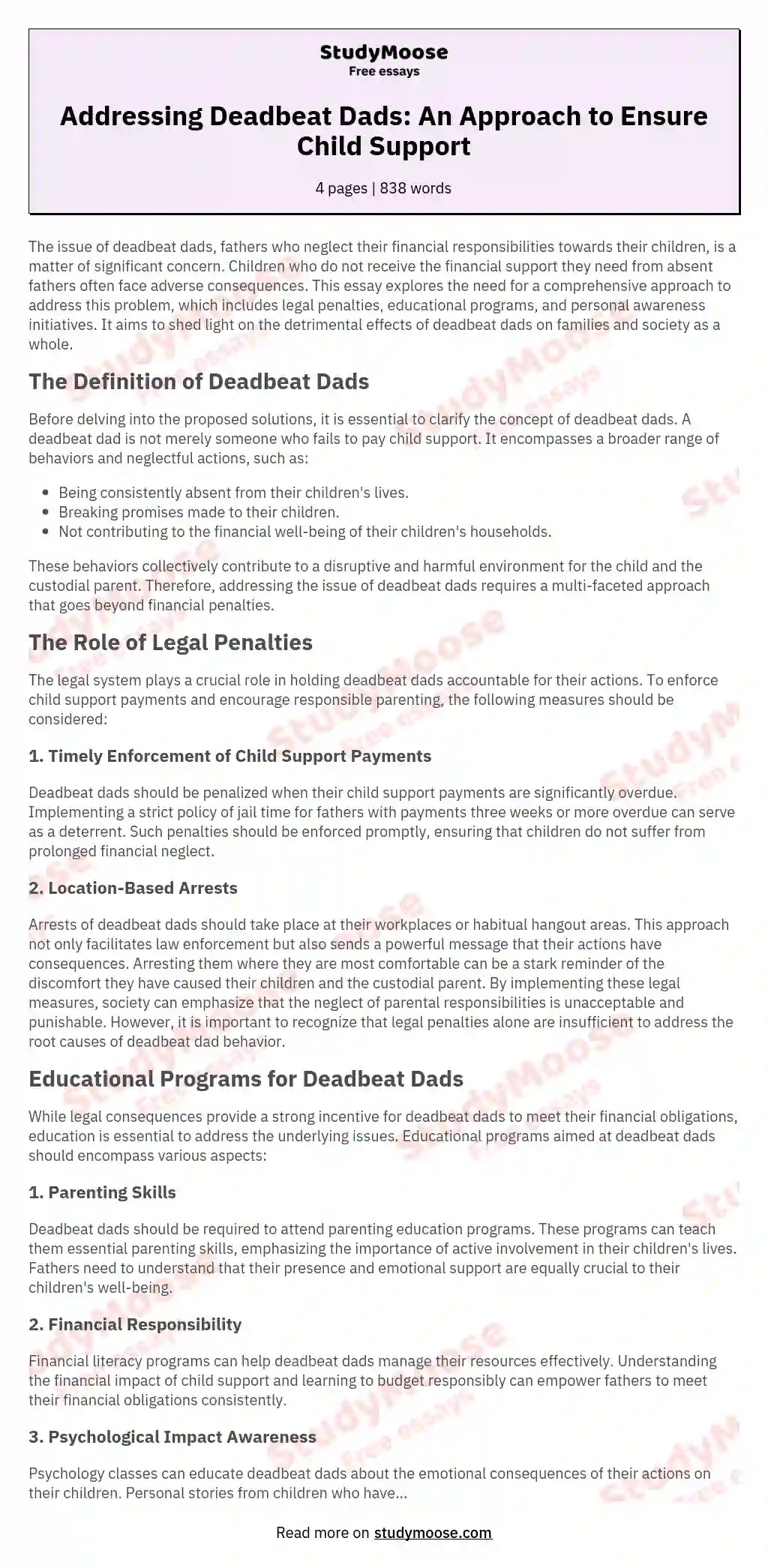 Addressing Deadbeat Dads An Approach to Ensure Child Support Free