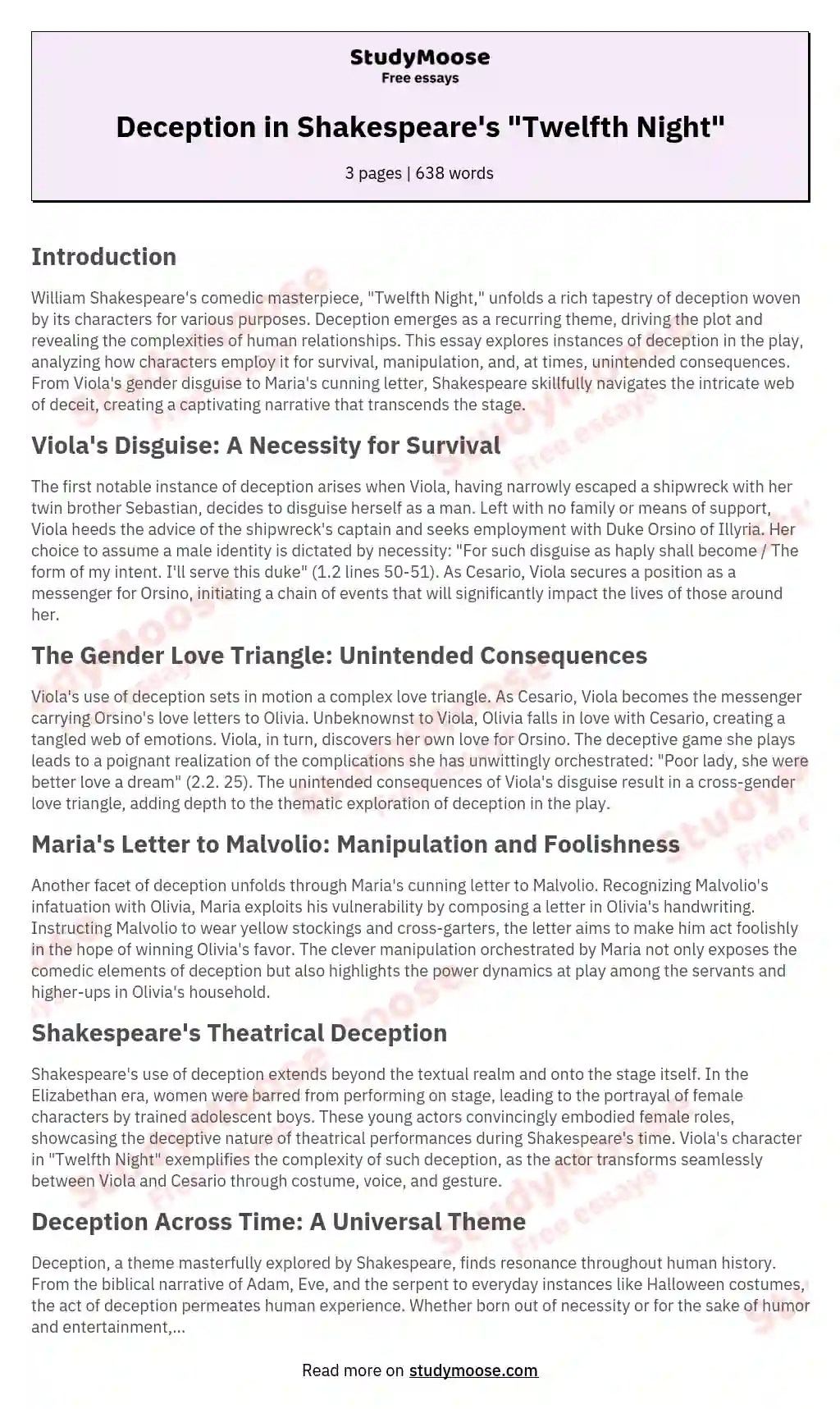 Deception in Shakespeare's "Twelfth Night" Free Essay Example