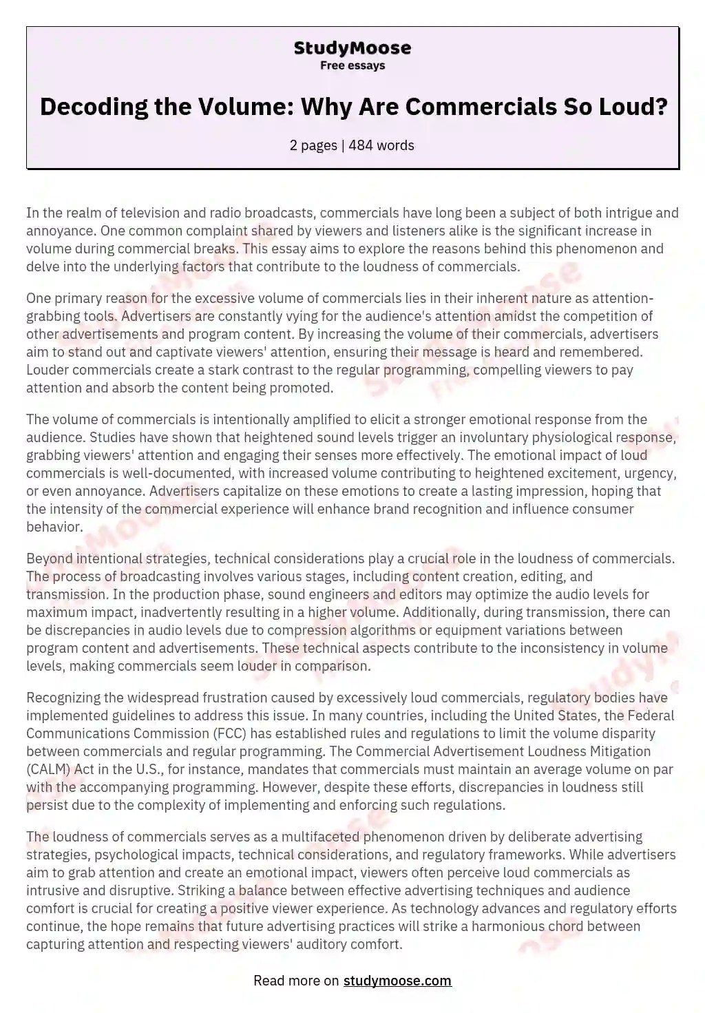 Decoding the Volume Why Are Commercials So Loud? Free Essay Example