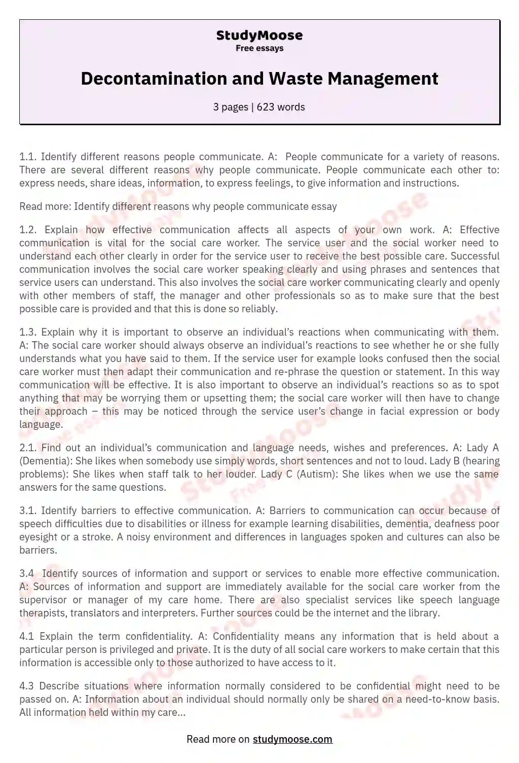 Decontamination and Waste Management Free Essay Example