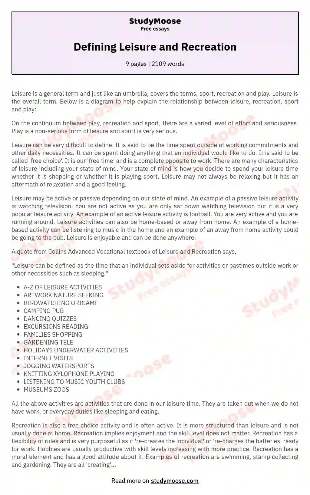 Defining Leisure and Recreation Free comparison essay example