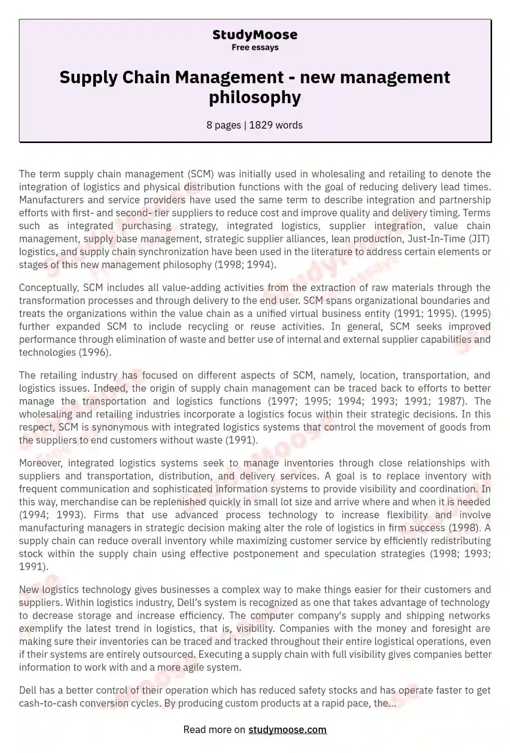 Supply Chain Management new management philosophy Free Essay Example