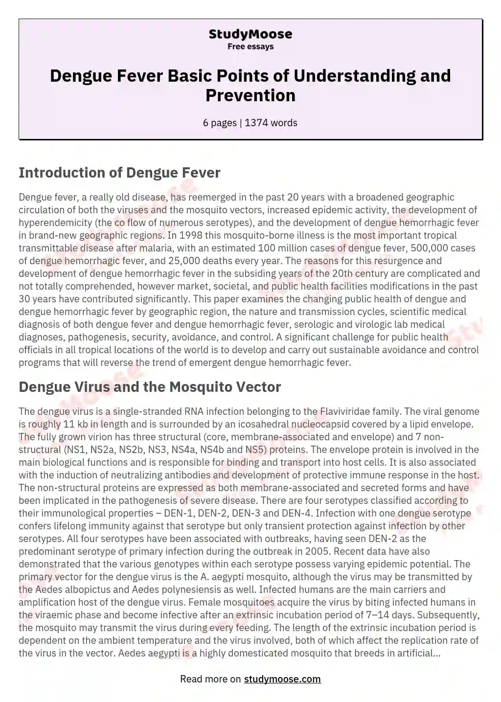 Dengue Fever Basic Points of Understanding and Prevention Free Essay