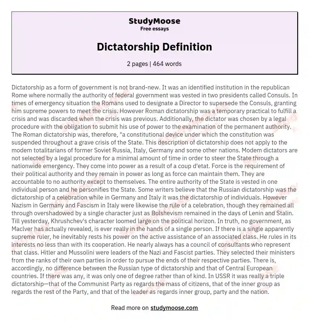 Dictatorship Definition Free Essay Example