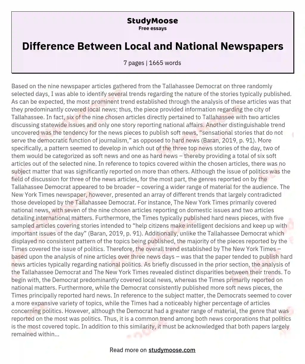 Difference Between Local and National Newspapers Free Essay Example