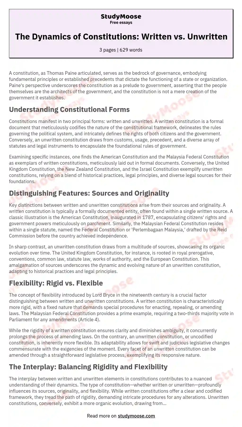 The Dynamics of Constitutions Written vs. Unwritten Free Essay Example