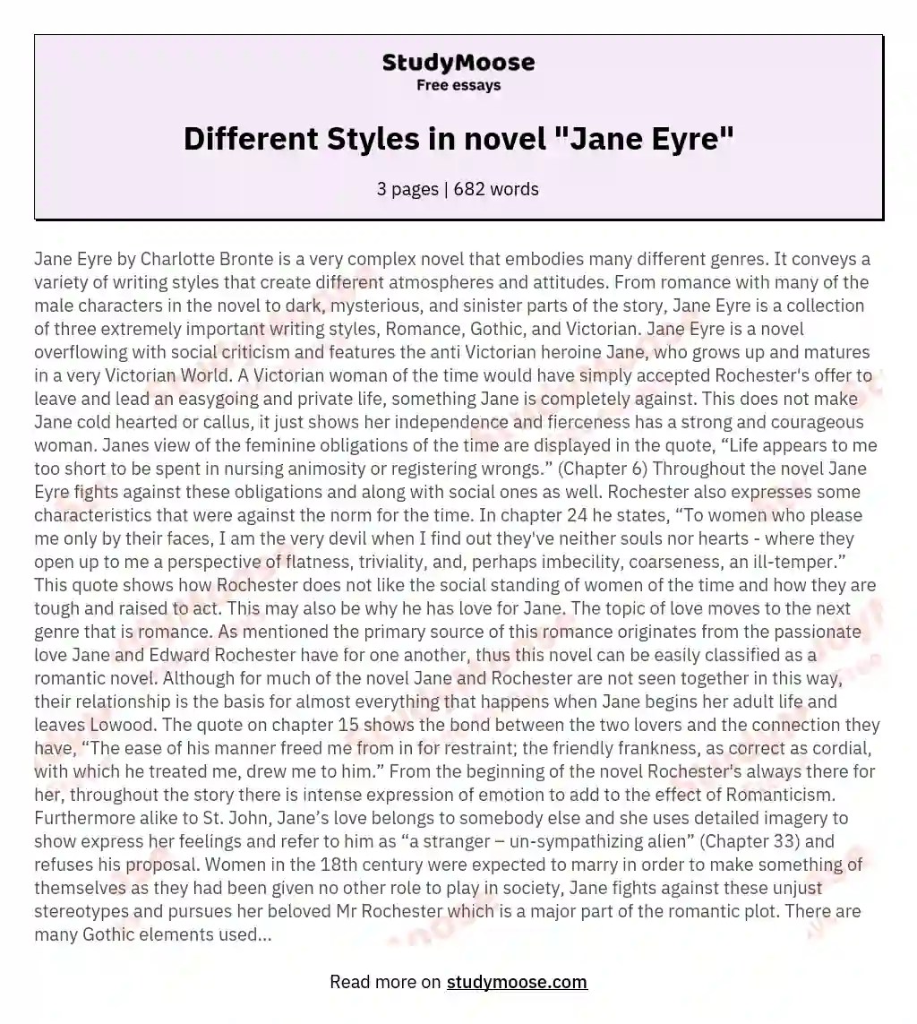 Different Styles in novel "Jane Eyre" Free Essay Example