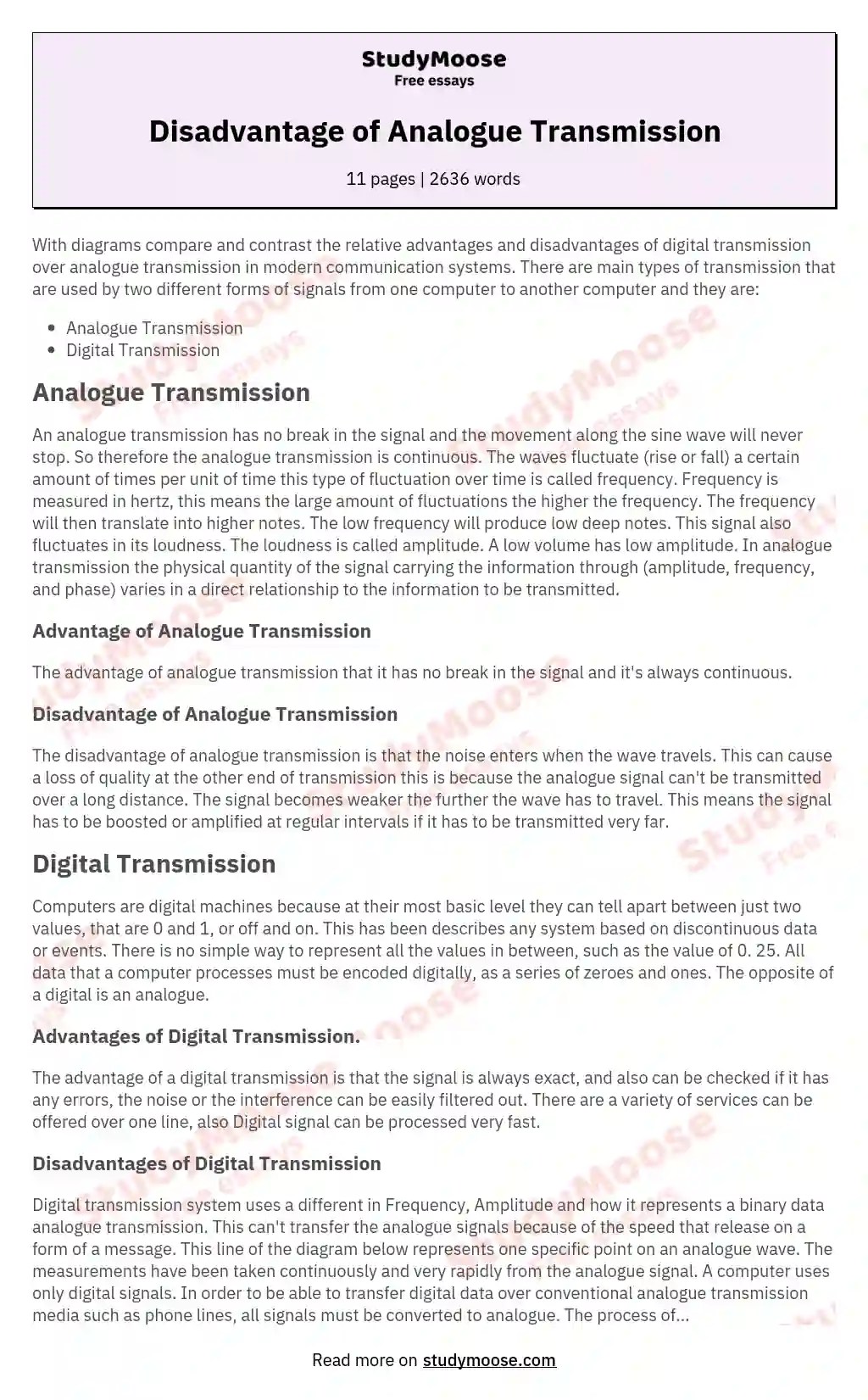 Disadvantage of Analogue Transmission Free Essay Example