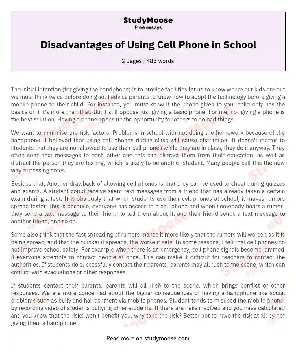 Disadvantages of Using Cell Phone in School Free Essay Example