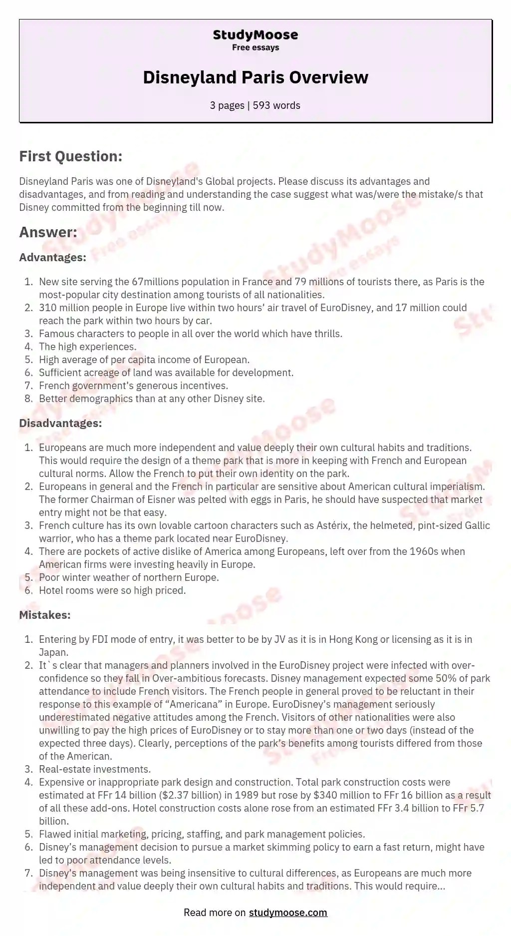 Disneyland Paris Overview Free Essay Example