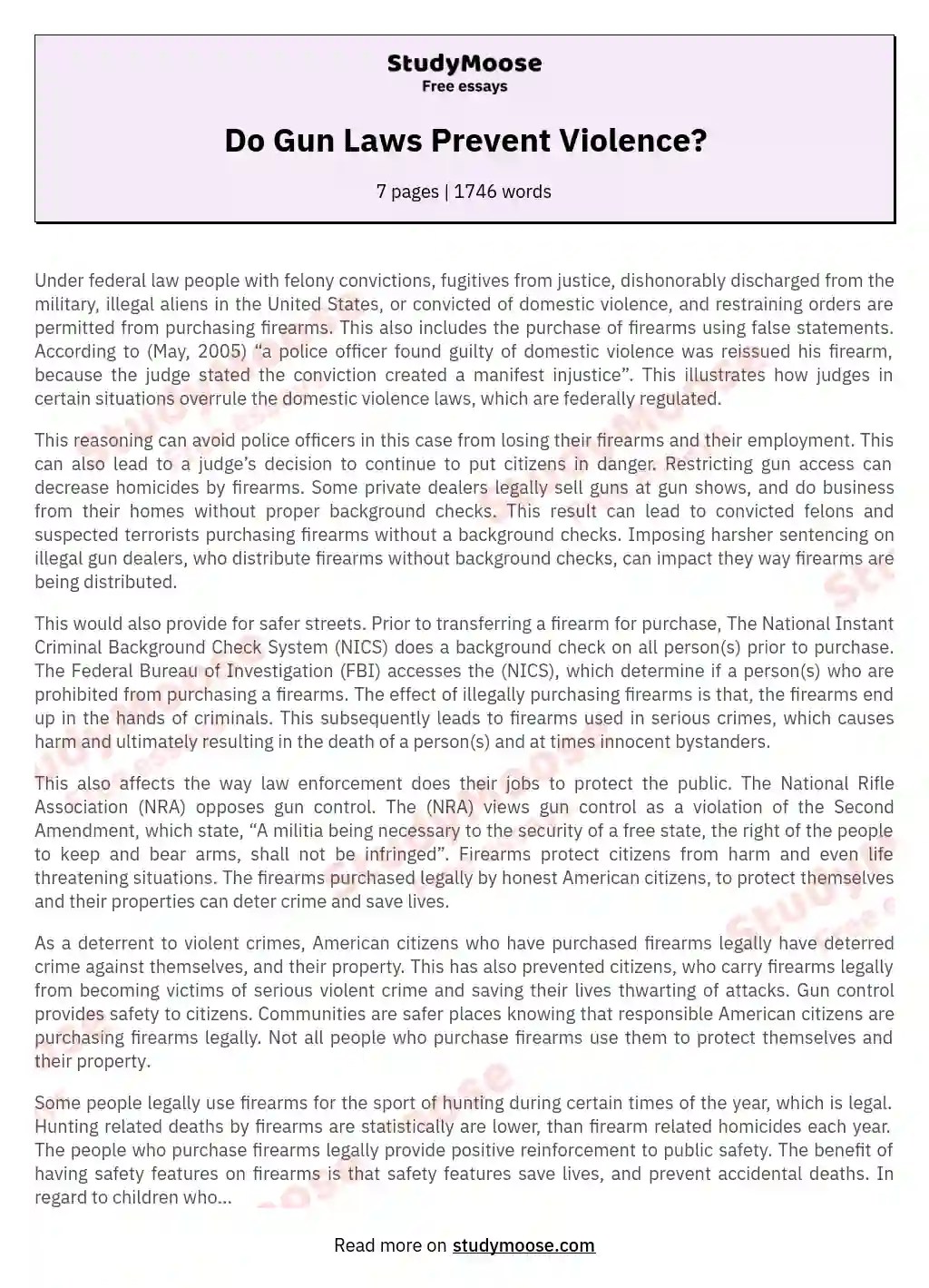 Do Gun Laws Prevent Violence? Free Essay Example