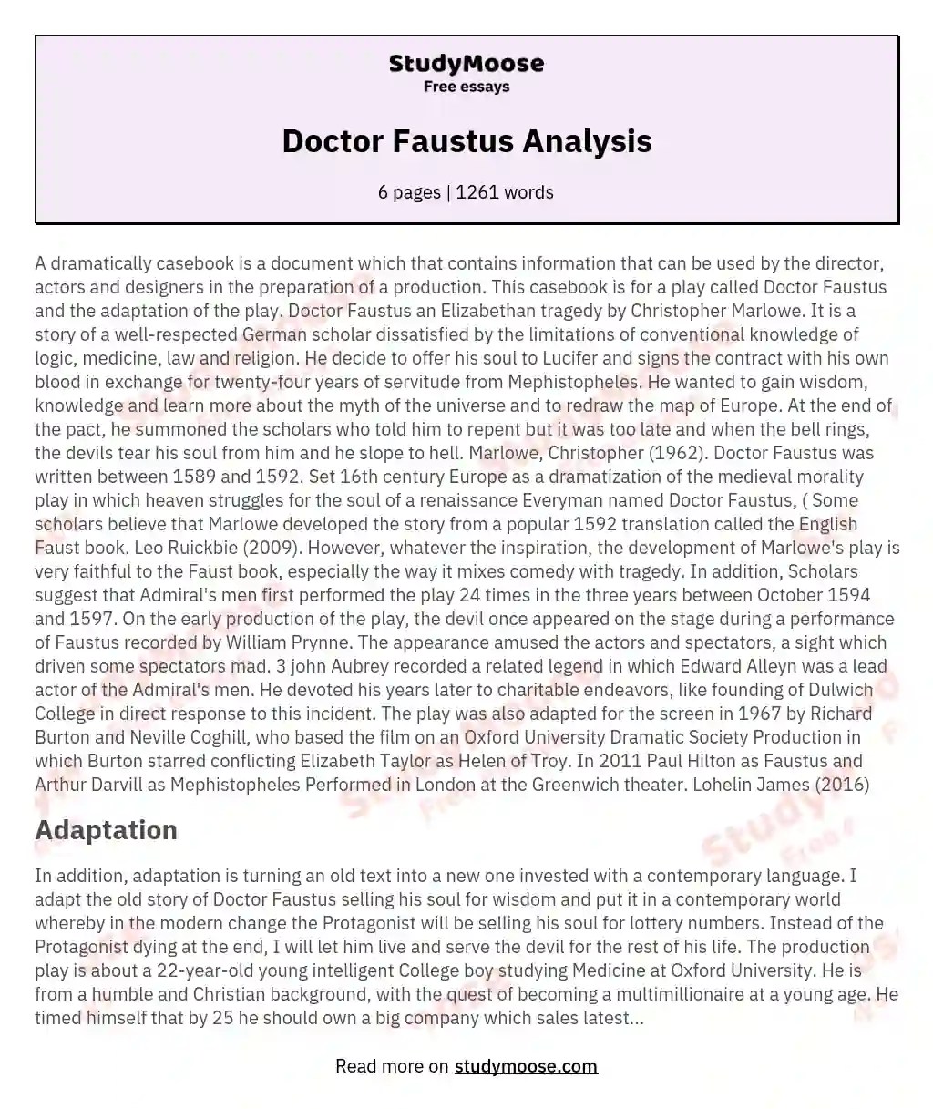 Doctor Faustus Analysis Free Essay Example
