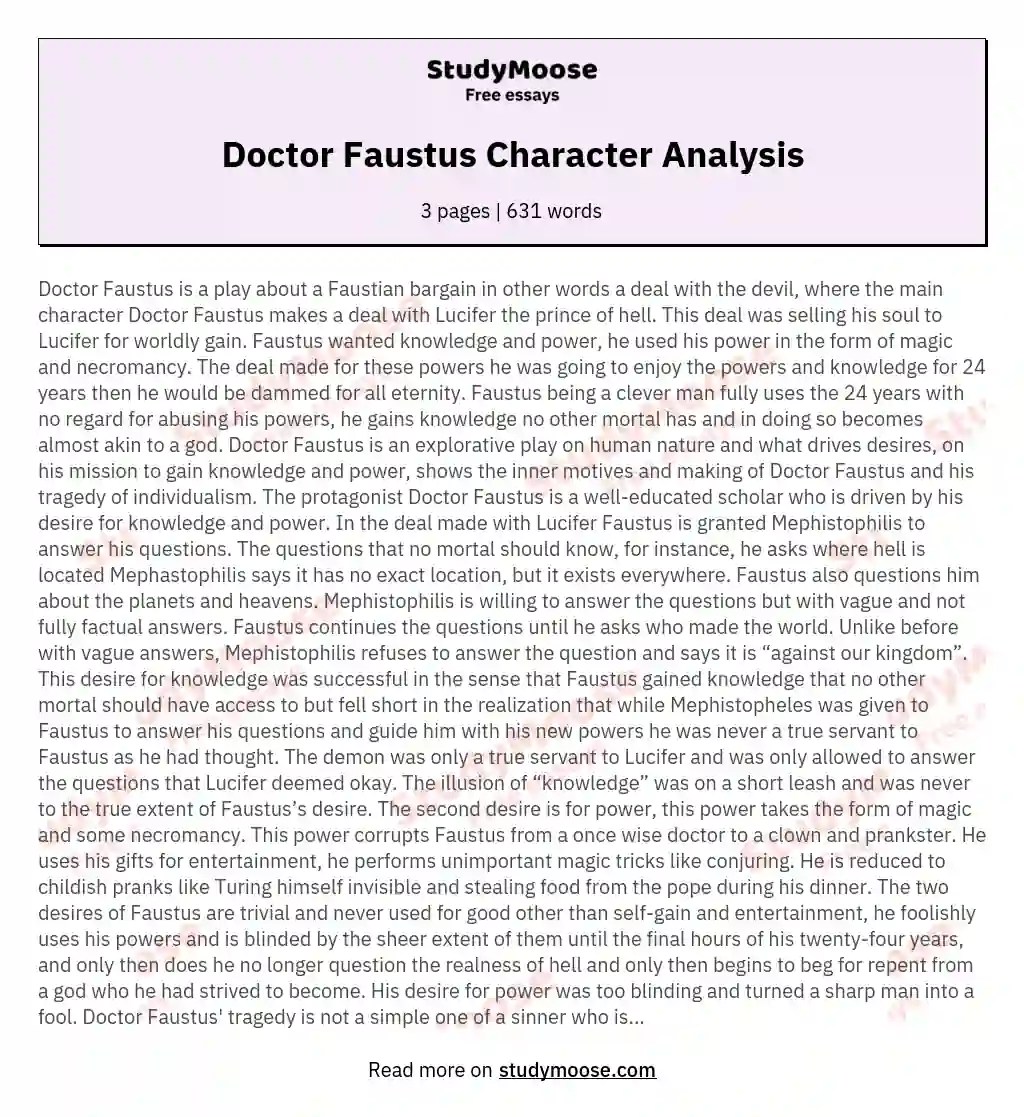 Doctor Faustus Character Analysis Free Essay Example