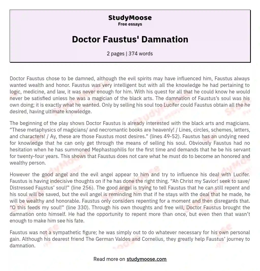 Doctor Faustus' Damnation Free Essay Example