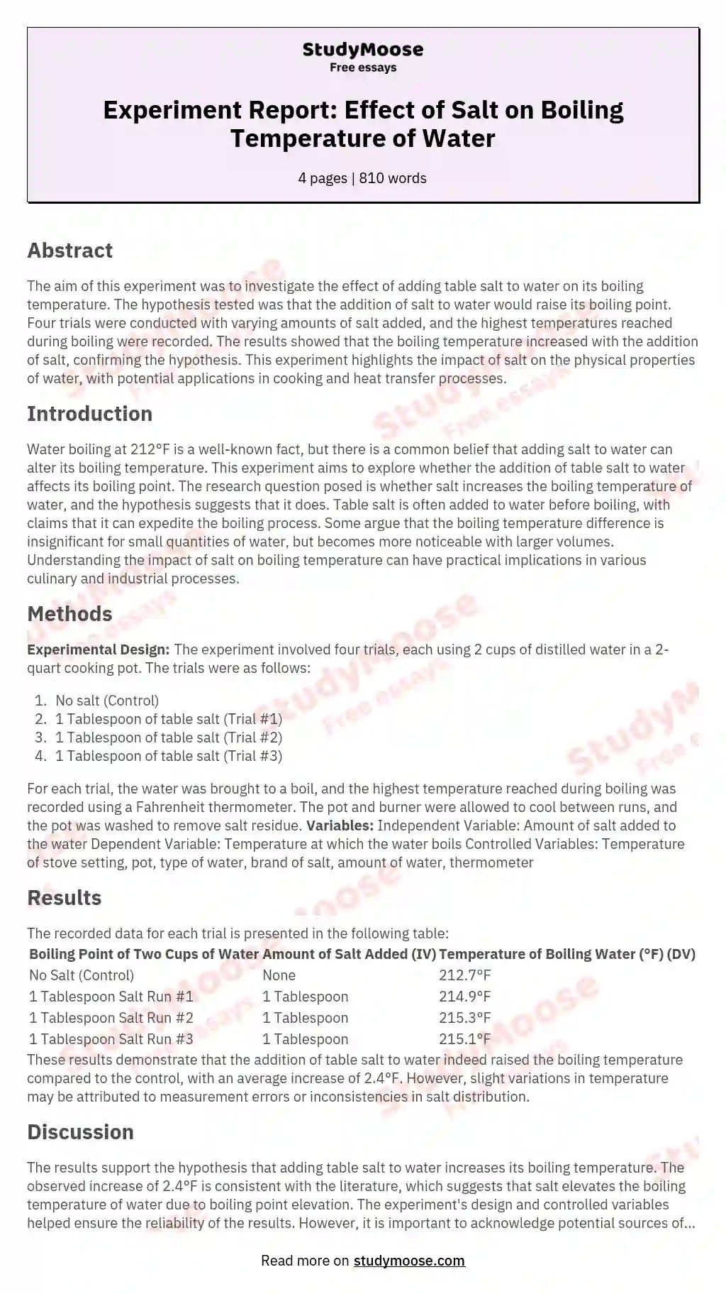 The effect of salt on the boiling temperature of water research paper
