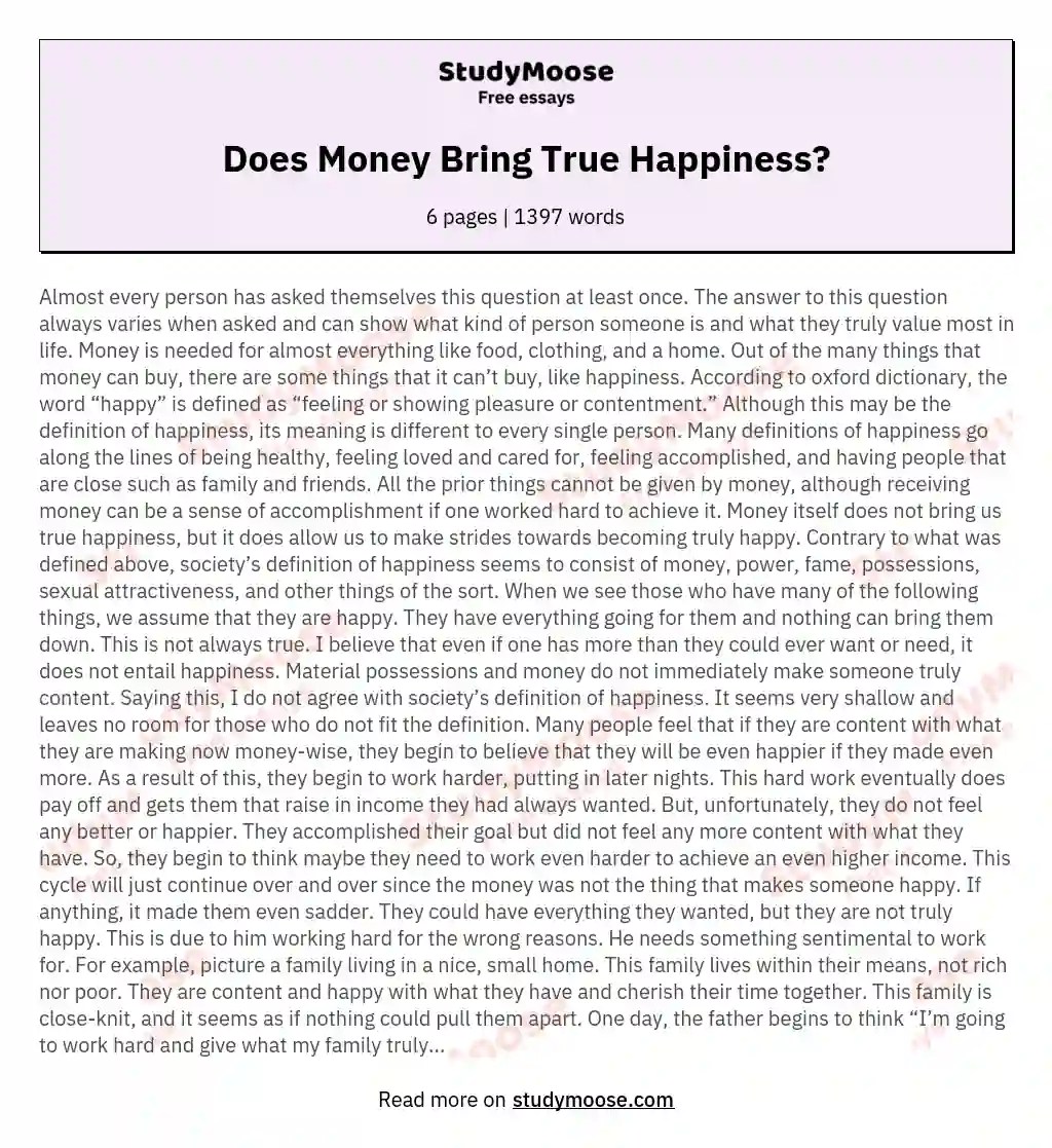 Does Money Bring True Happiness? Free Essay Example