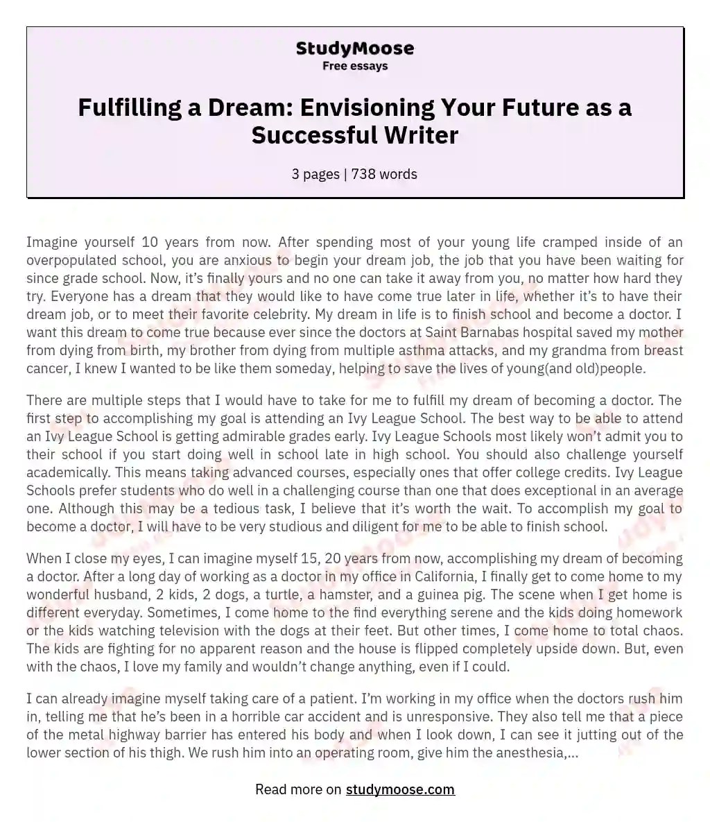 Fulfilling a Dream Envisioning Your Future as a Successful Writer Free