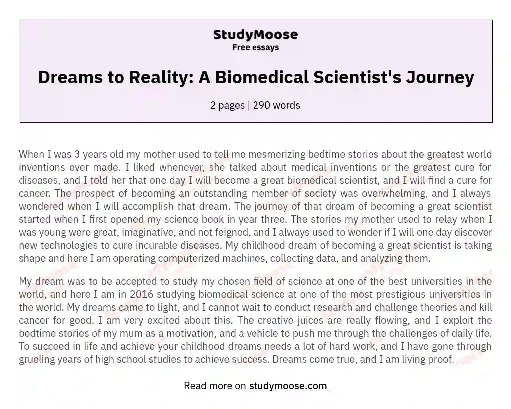 Dreams to Reality A Biomedical Scientist's Journey Free Essay Example
