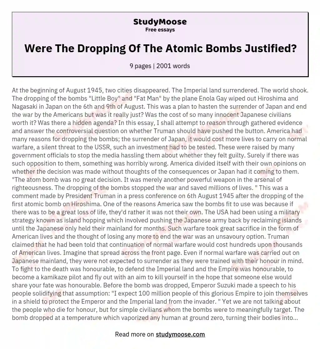 Were The Dropping Of The Atomic Bombs Justified? Free Essay Example
