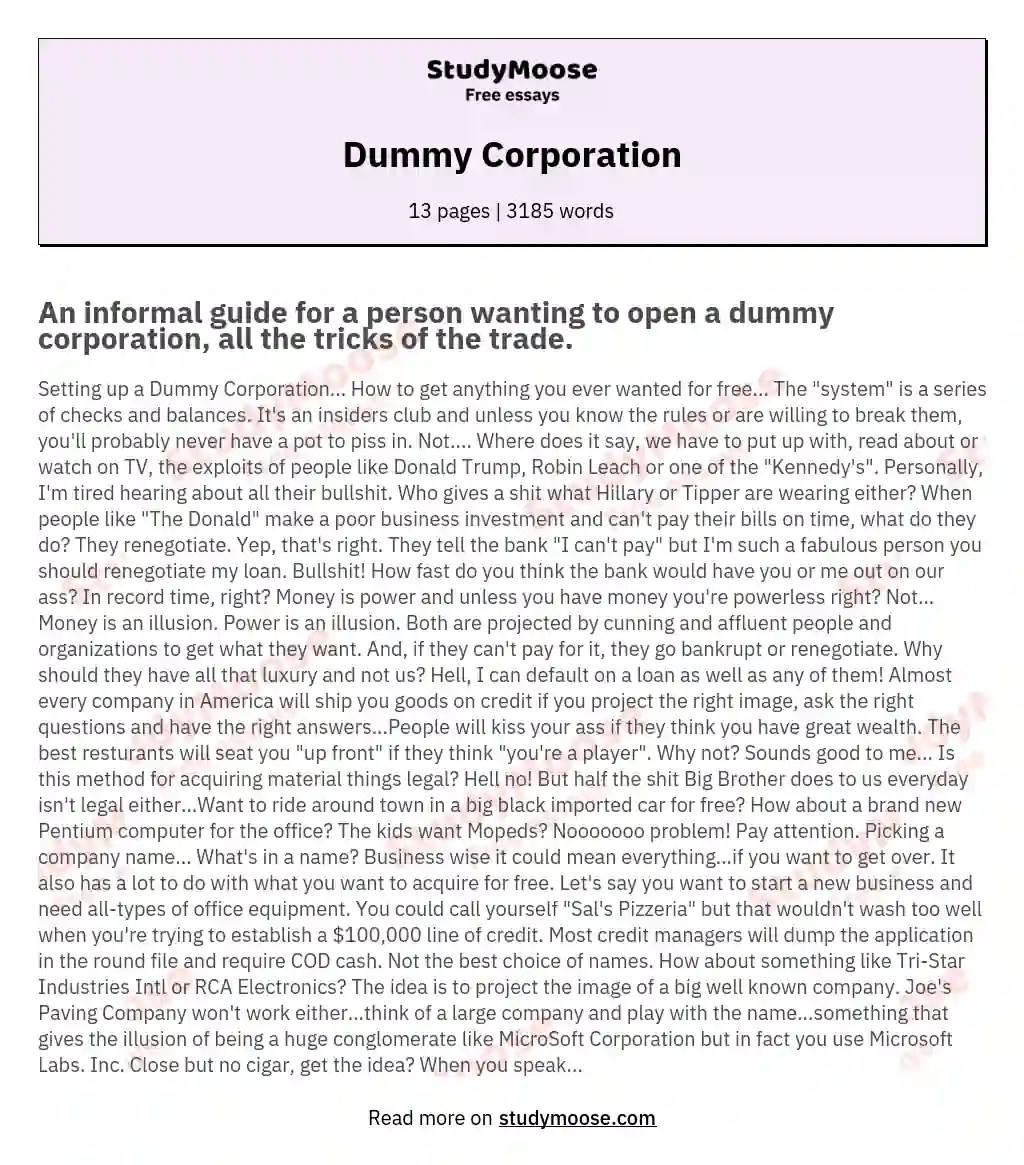 Dummy Corporation Free Essay Example