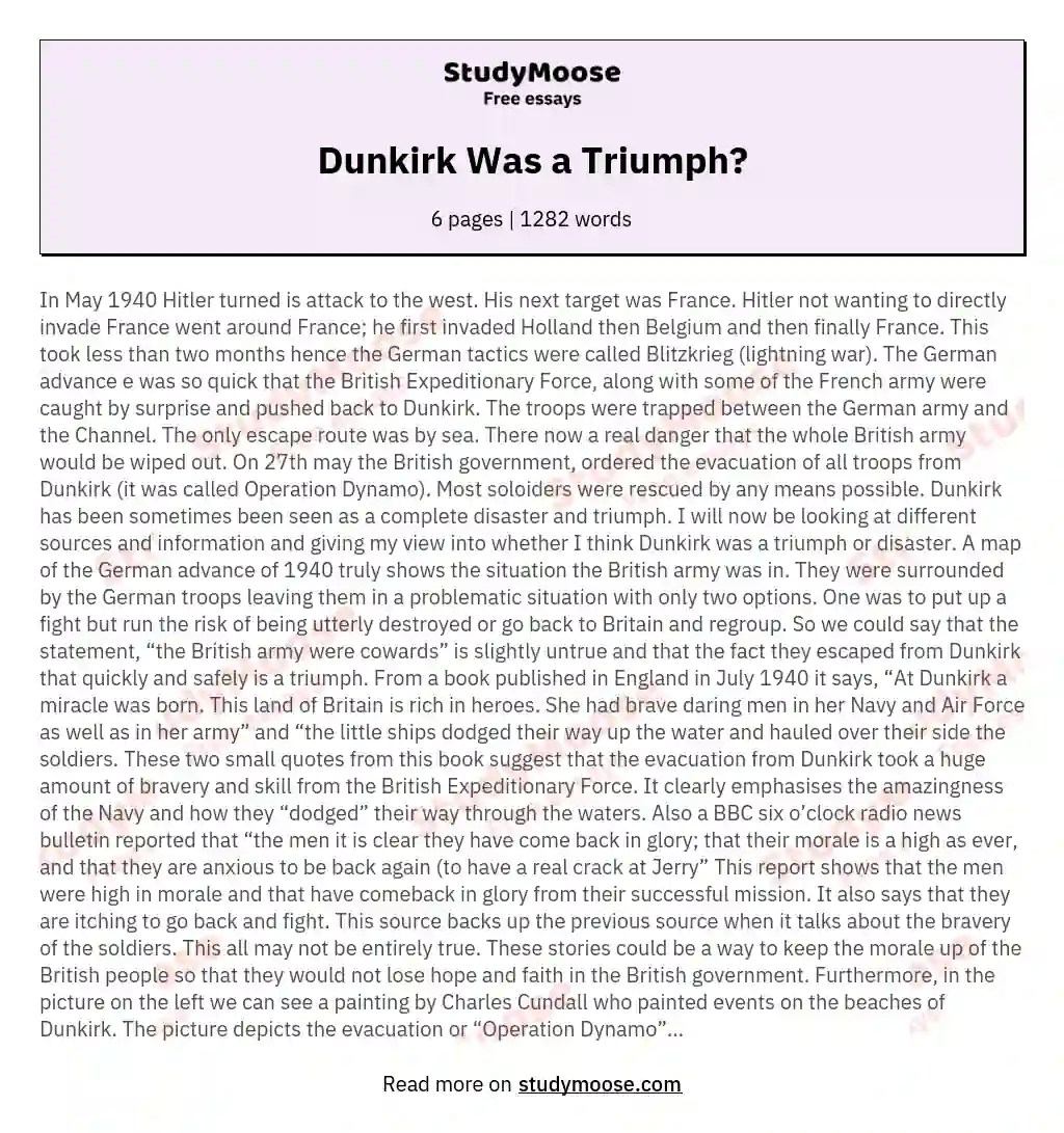 Dunkirk Was a Triumph? Free Essay Example
