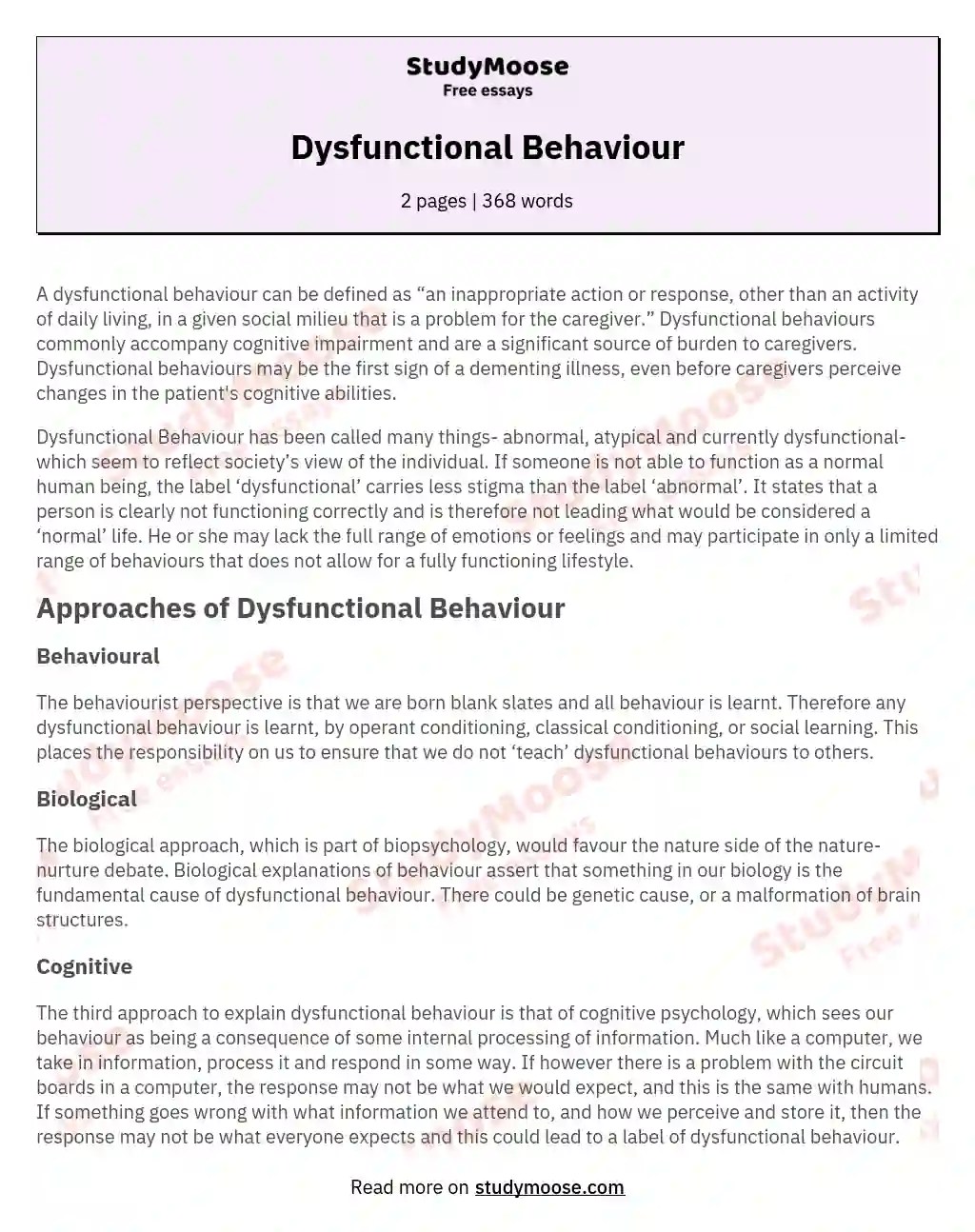 Dysfunctional Behaviour Free Essay Example