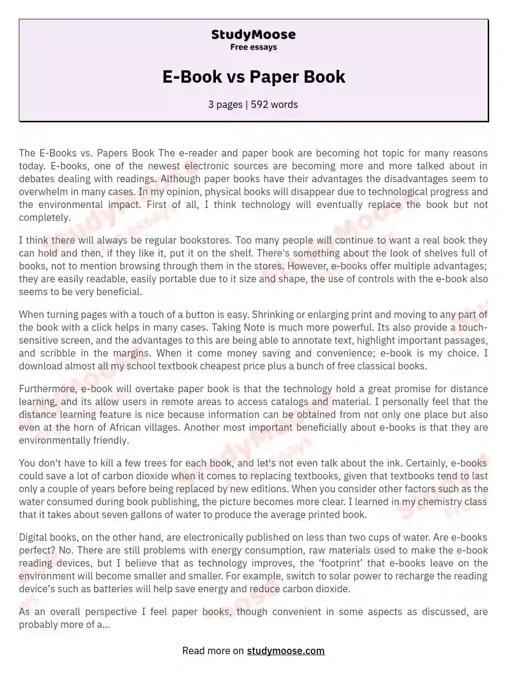 EBook vs Paper Book Free Essay Example