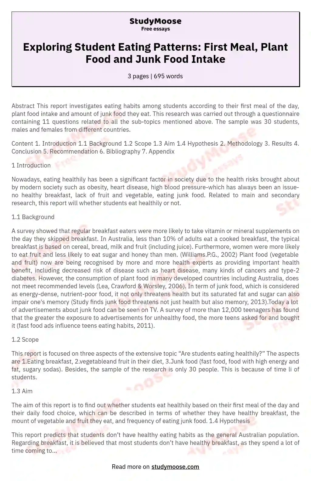 Eating Habit Free Essay Example