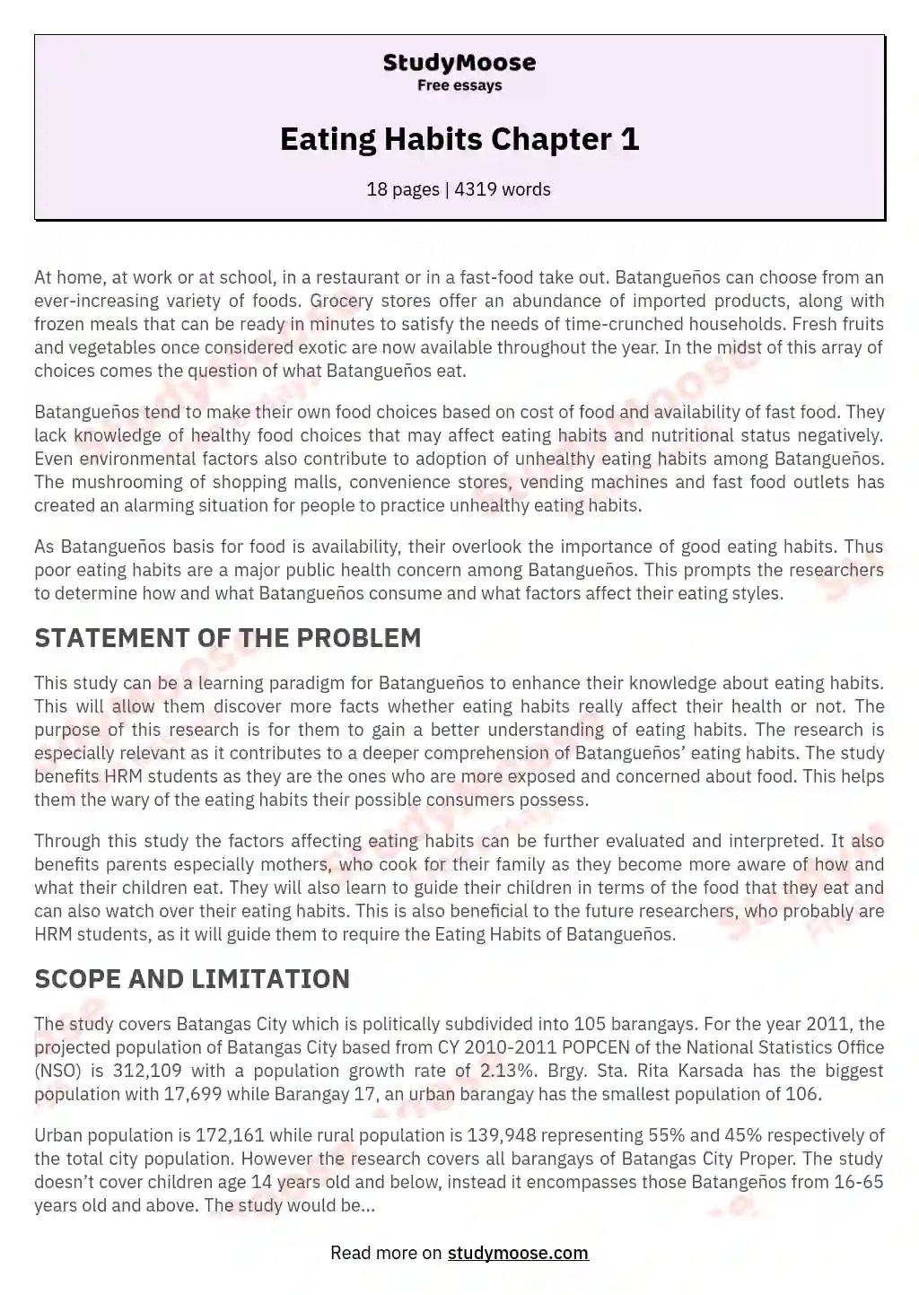 Eating Habits Chapter 1 Free Essay Example