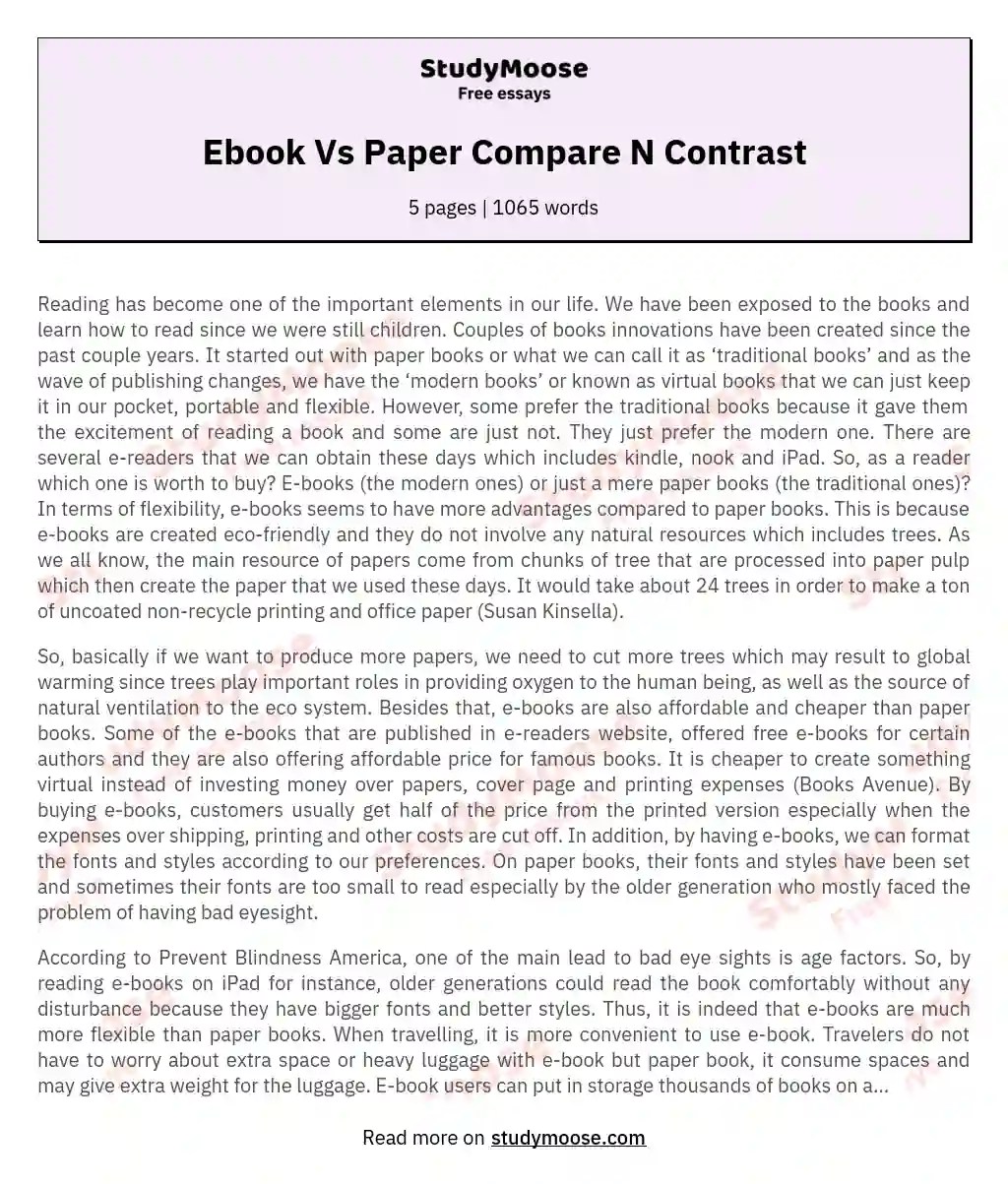 The Debate Between EBooks and Traditional Paper Books Free Essay Example