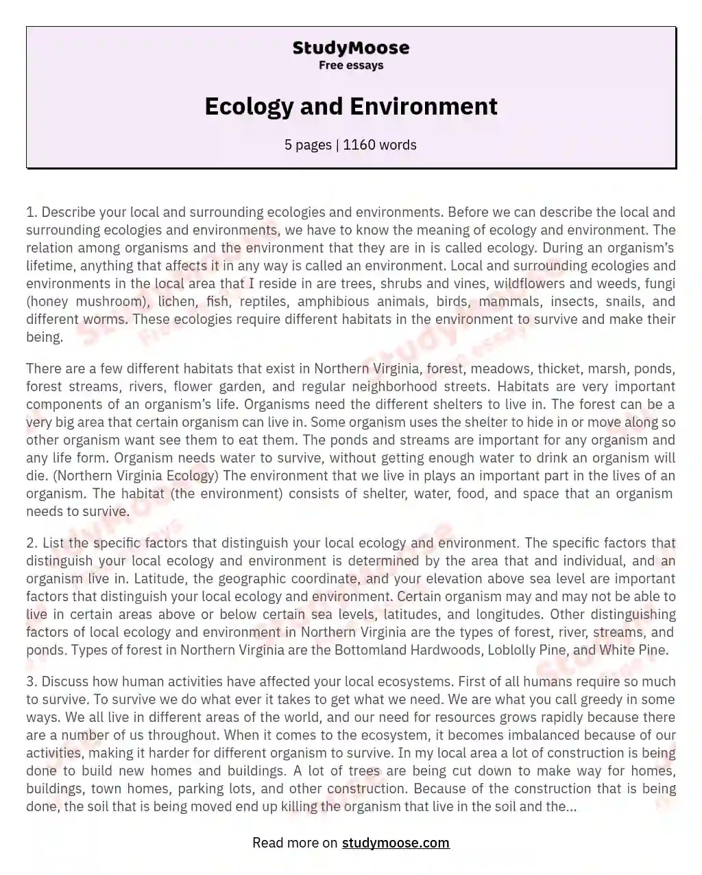Ecology and Environment Free Essay Example