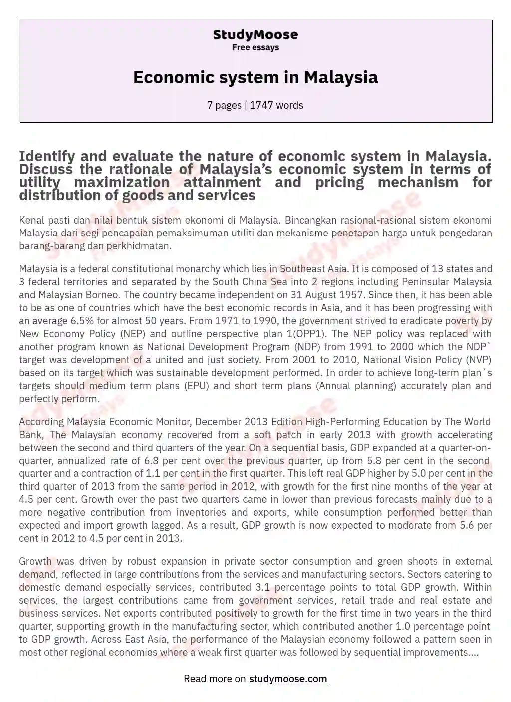 Economic system in Malaysia Free Essay Example