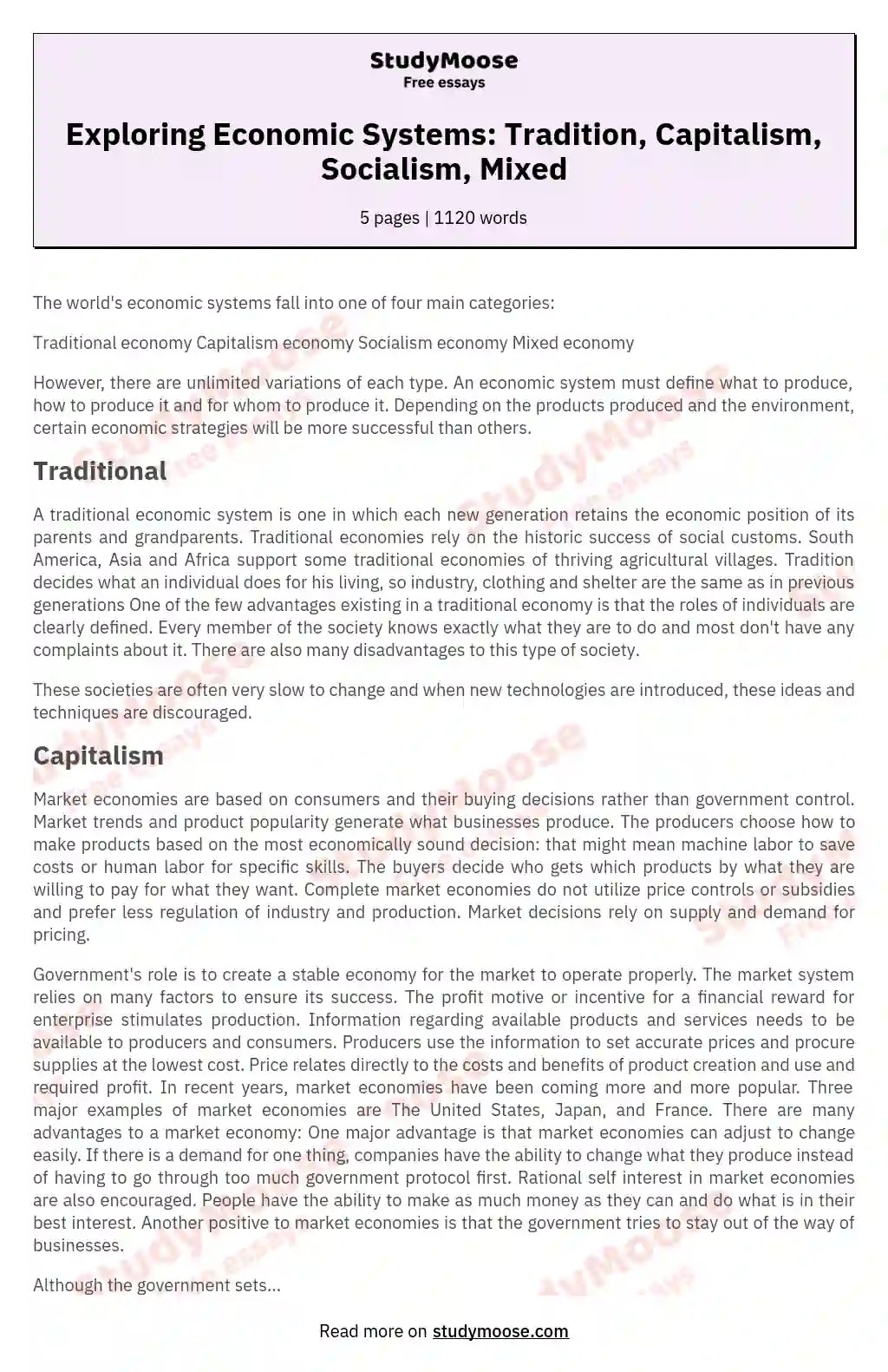 Exploring Economic Systems Tradition, Capitalism, Socialism, Mixed