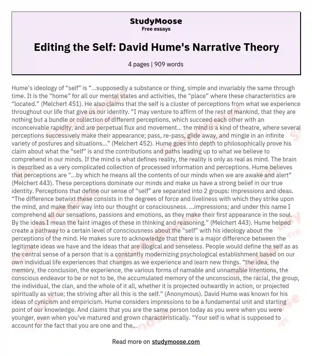 Editing the Self David Hume's Narrative Theory Free Essay Example