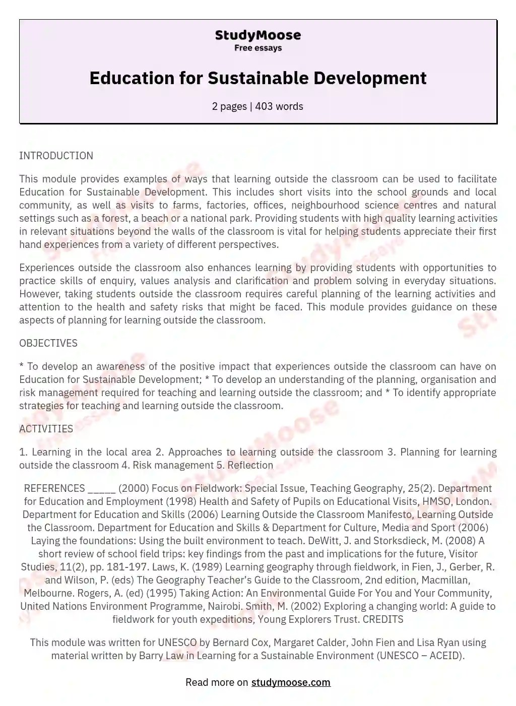 Education for Sustainable Development Free Essay Example