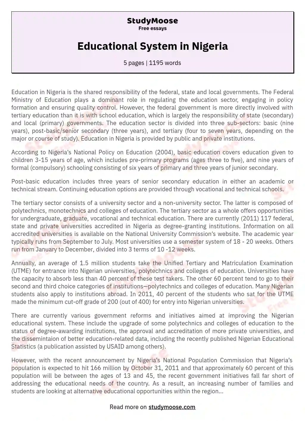 Educational System in Nigeria Free Essay Example