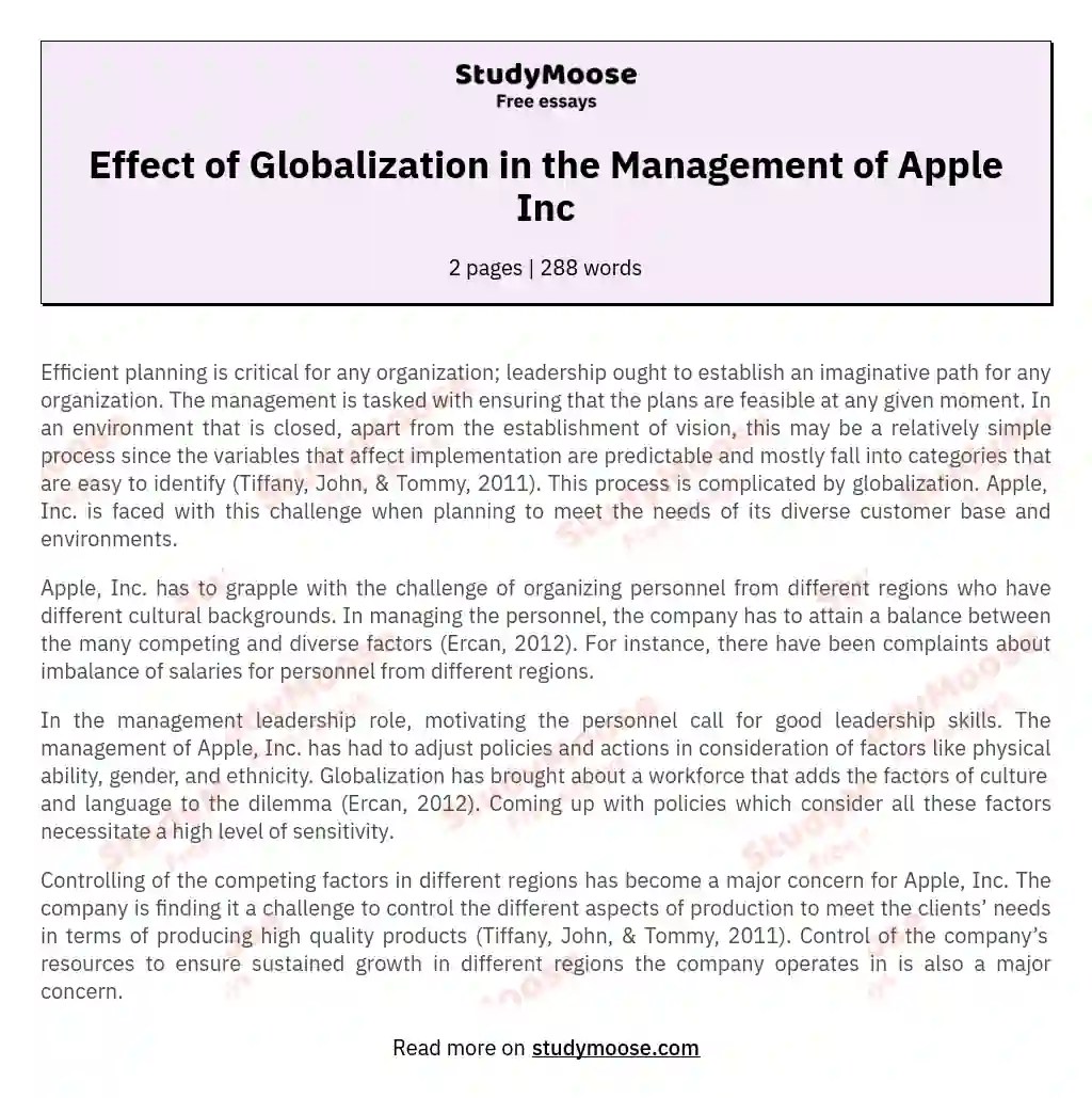 Effect of Globalization in the Management of Apple Inc Free Essay Example
