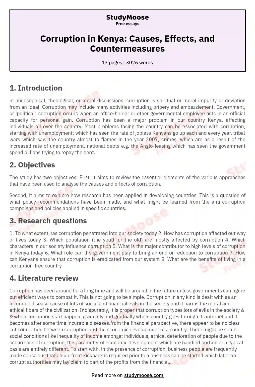 Corruption in Kenya Causes, Effects, and Countermeasures Free Essay