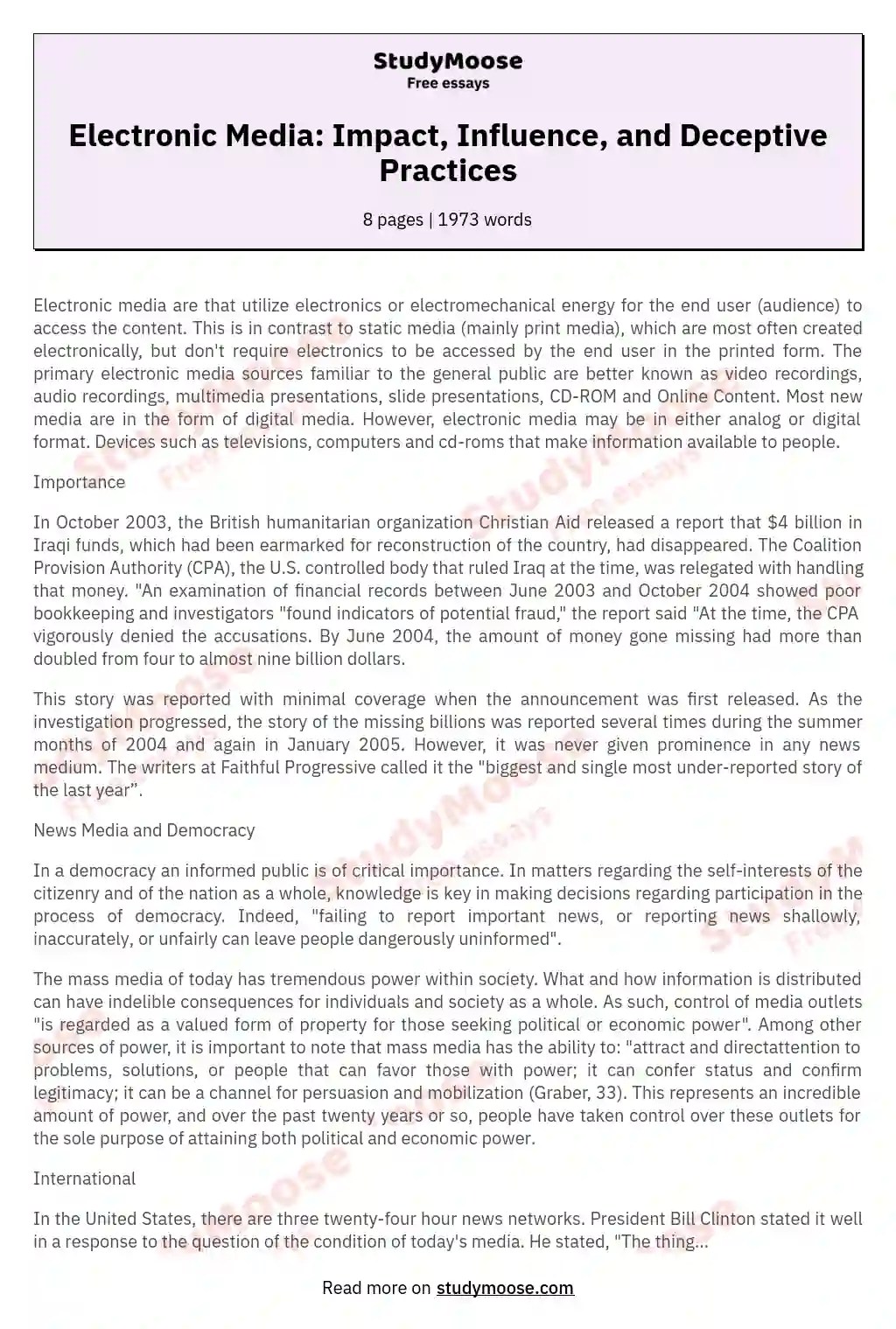 Electronic Media Impact, Influence, and Deceptive Practices Free Essay