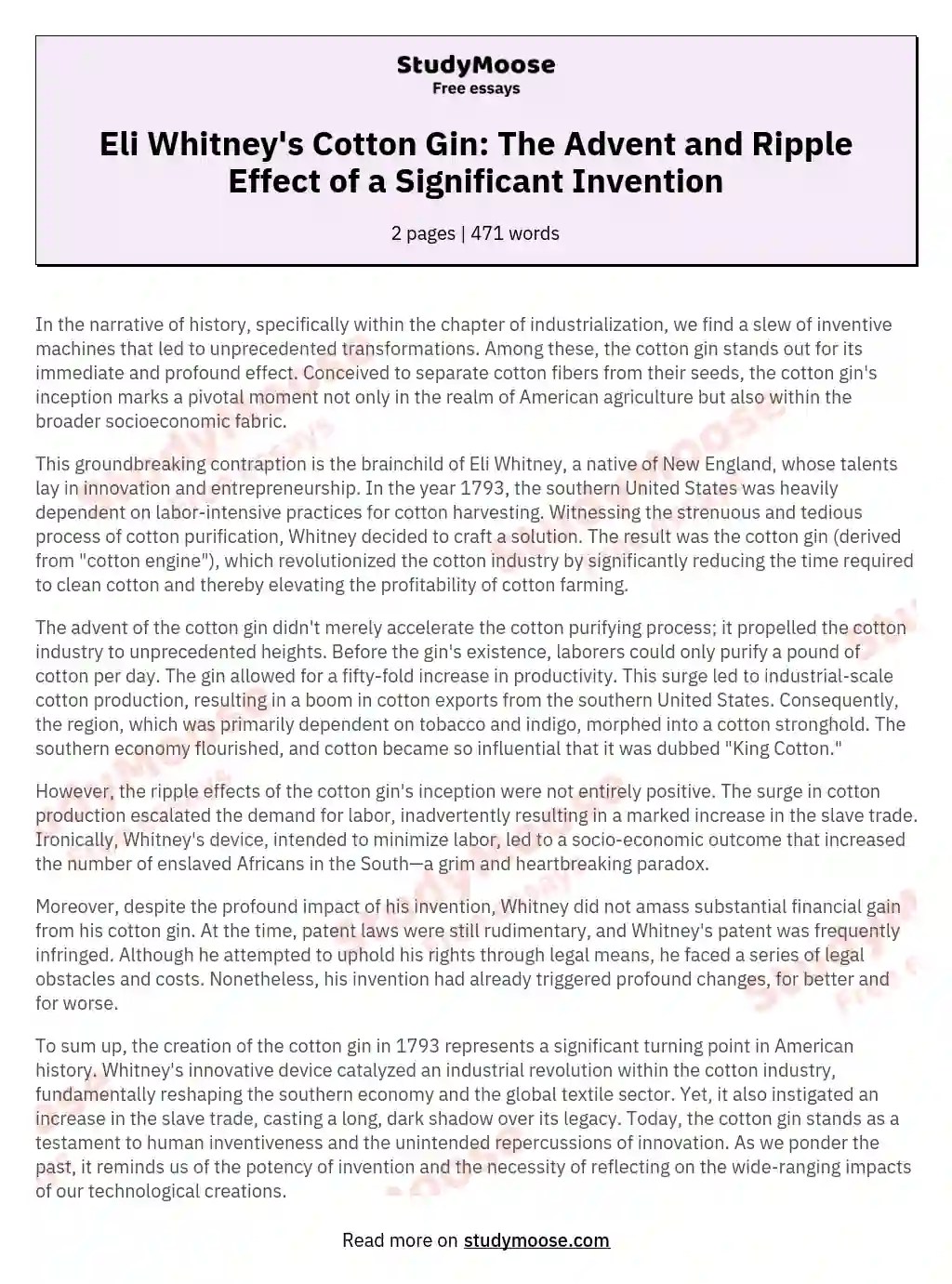 Eli Whitney's Cotton Gin The Advent and Ripple Effect of a Significant