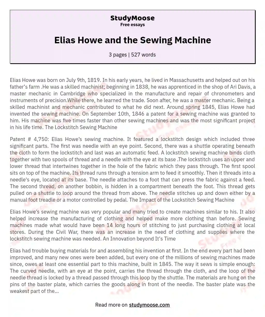 Elias Howe and the Sewing Machine Free Essay Example