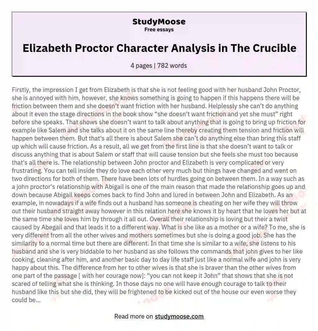 Elizabeth Proctor Character Analysis in The Crucible Free Essay Example