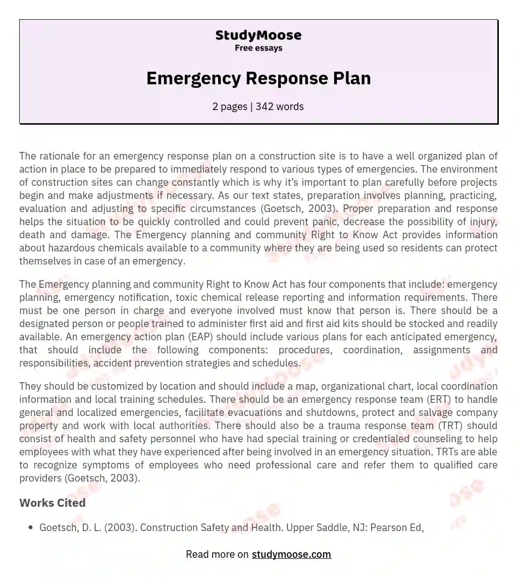 Emergency Response Plan Free Essay Example