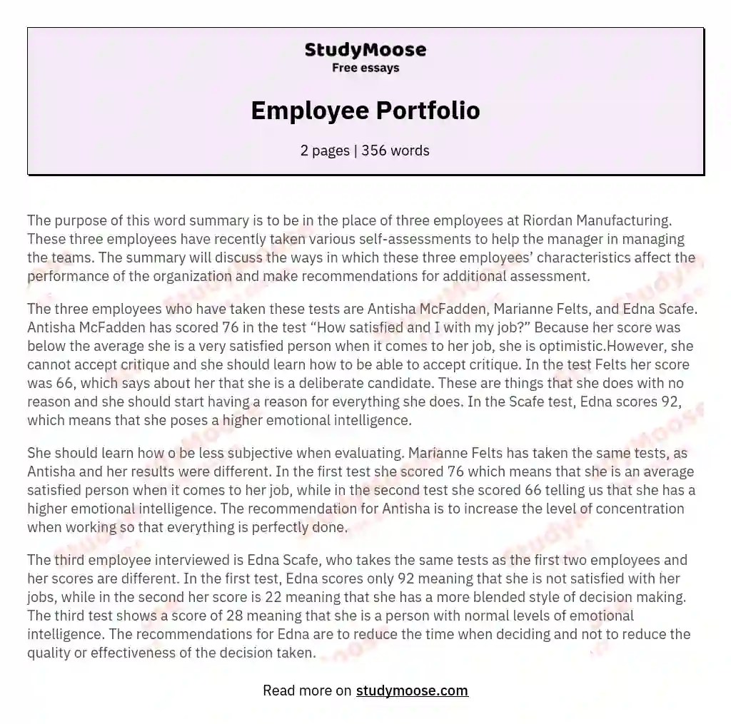 Employee Portfolio Free Essay Example