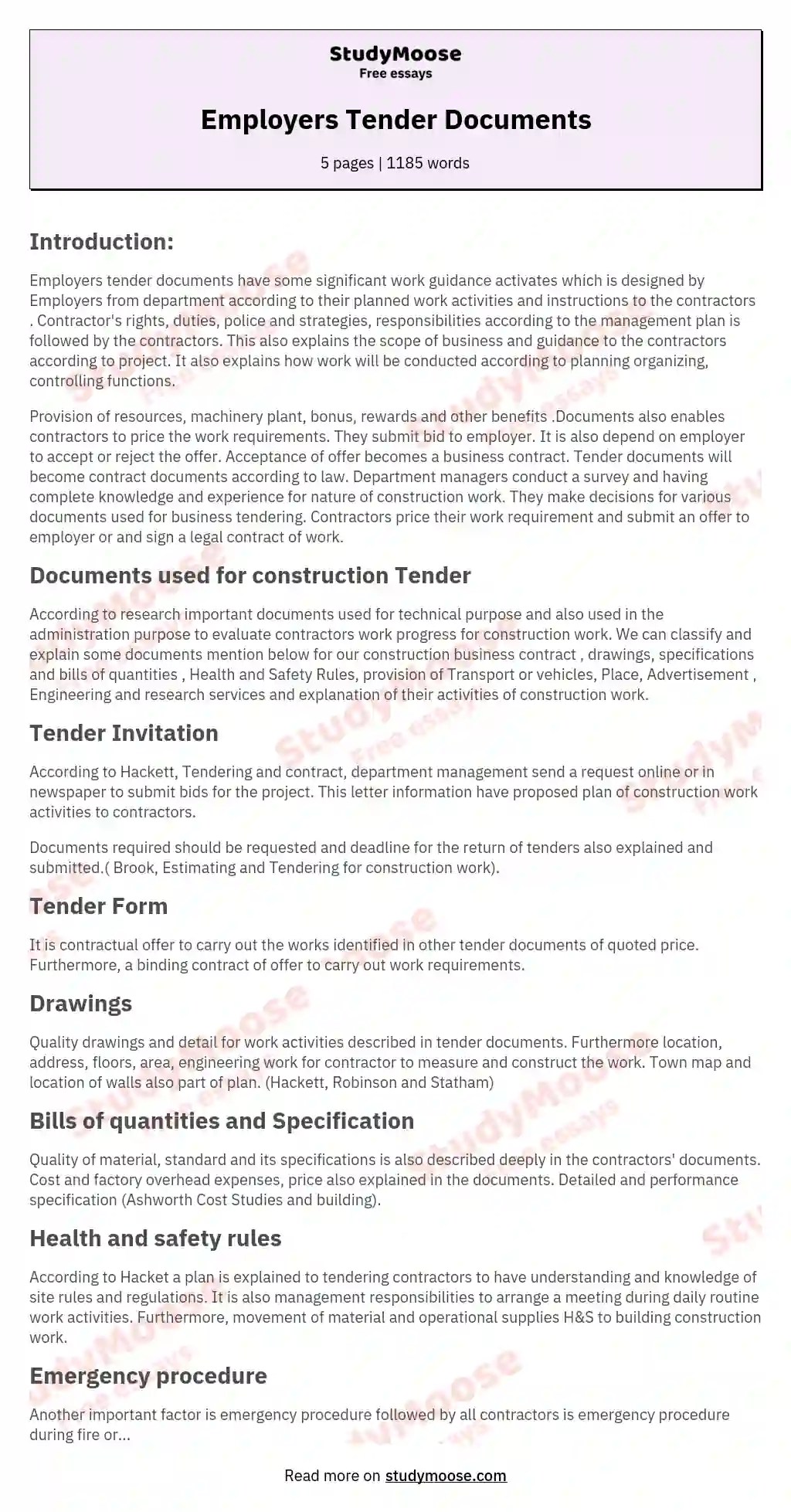 Employers Tender Documents Free Essay Example