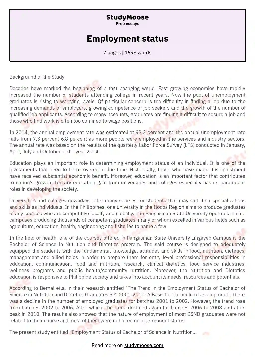 Employment status Free Essay Example