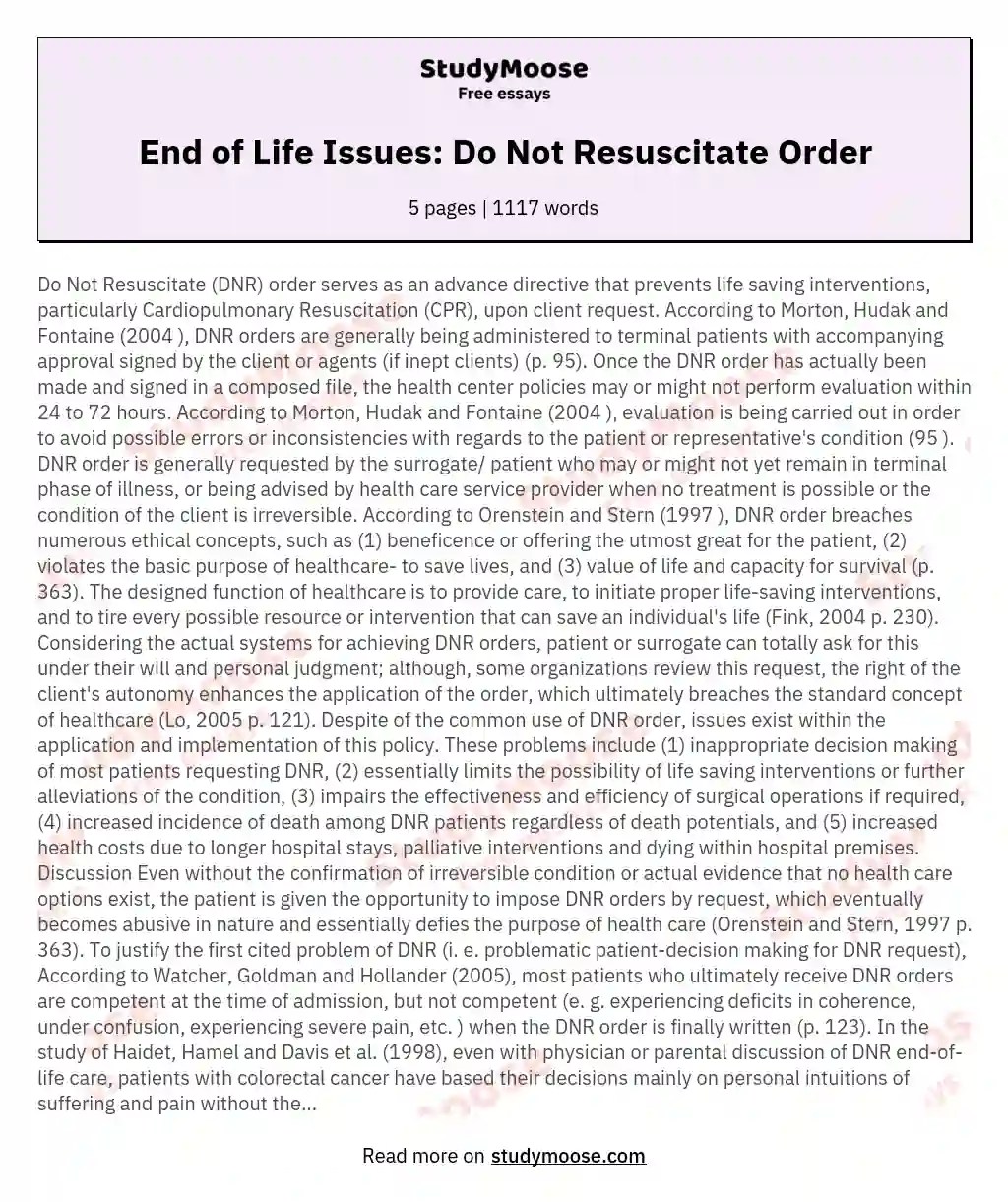 End of Life Issues Do Not Resuscitate Order Free Essay Example